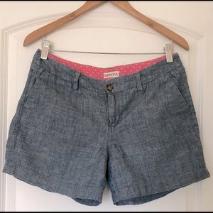 Chambray (blue) shorts with button and zipper. 2 front and 2 back pockets.